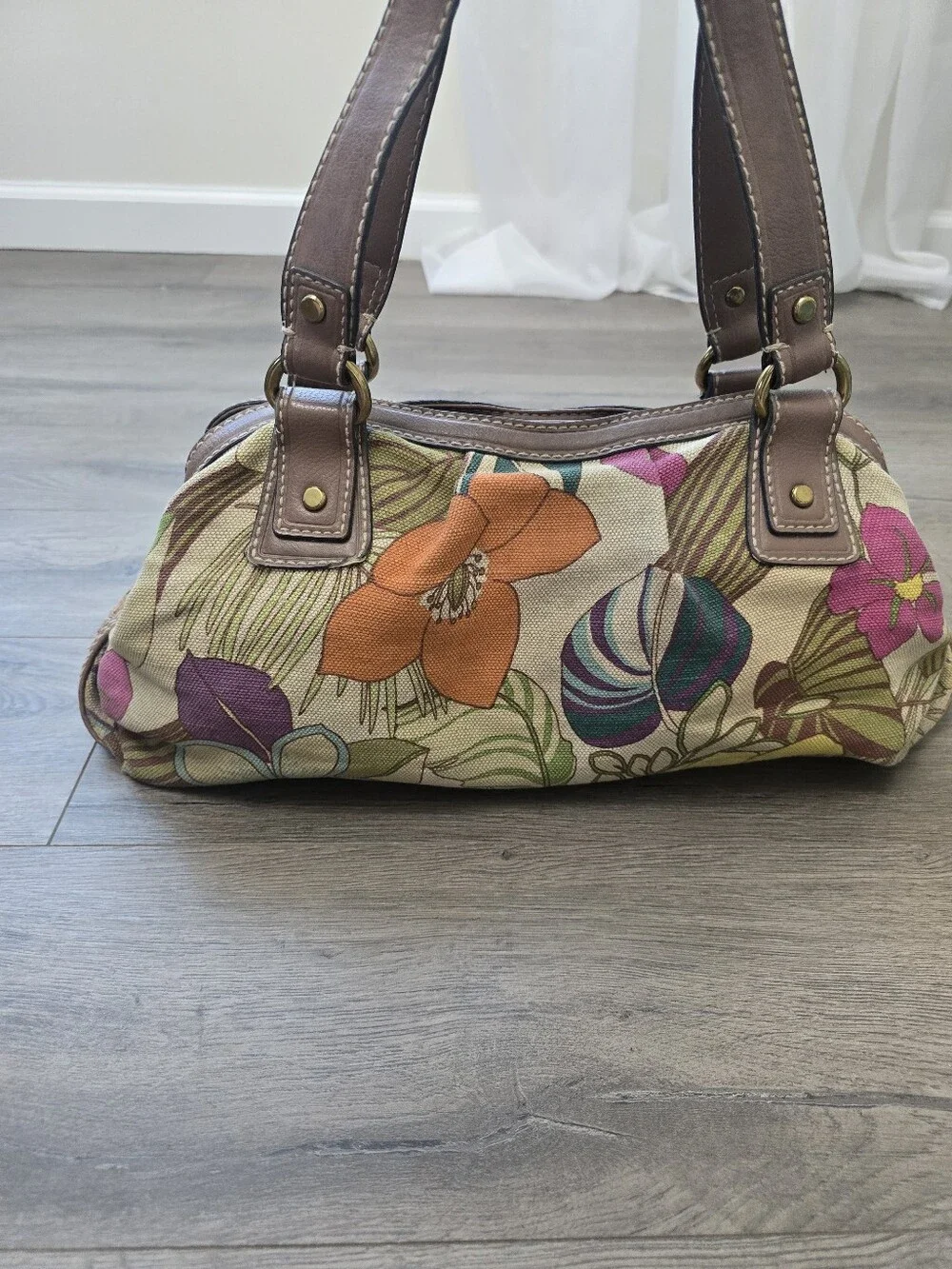 Fossil Key-Per Floral Canvas Hobo Shoulder Bag Brown Leather Trim